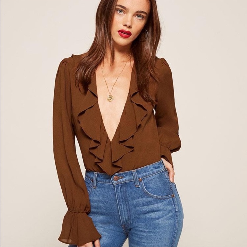 REFORMATION Brown Ruffle‎ Penny Bodysuit Size Medium - Picture 2 of 7